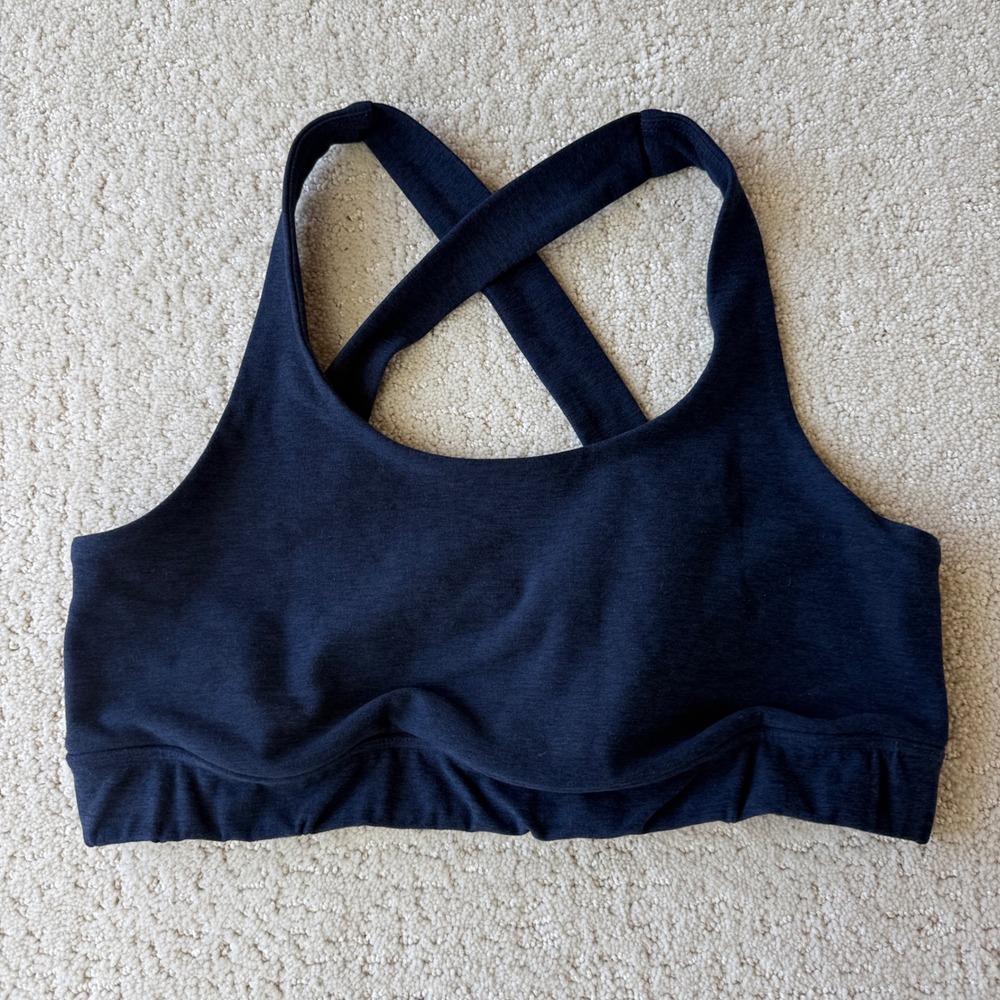 Beyond Yoga Spacedye Twist Through Sports Bra Women M Navy Blue Cross Back